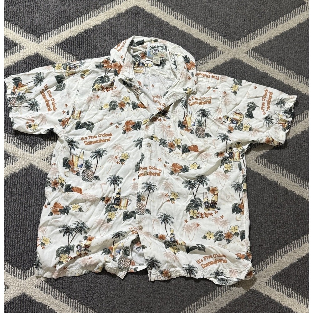 VTG Big Dogs Shirt Mens L White Hawaiian Silk Tiki Five O'Clock Somewhere Resort